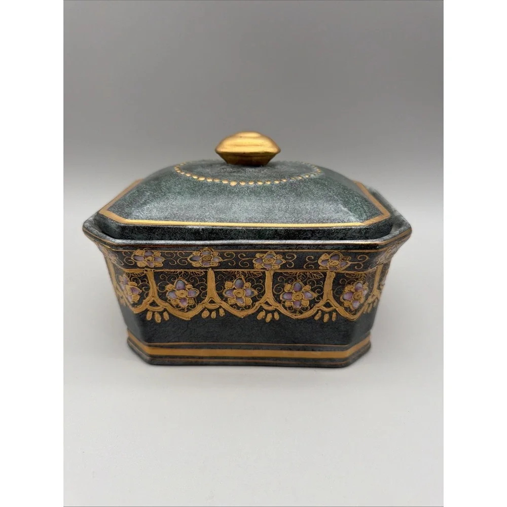 VTG Toyo Marbella HFP Macau Porcelain Floral Vanity Dresser Trinket Green Gold